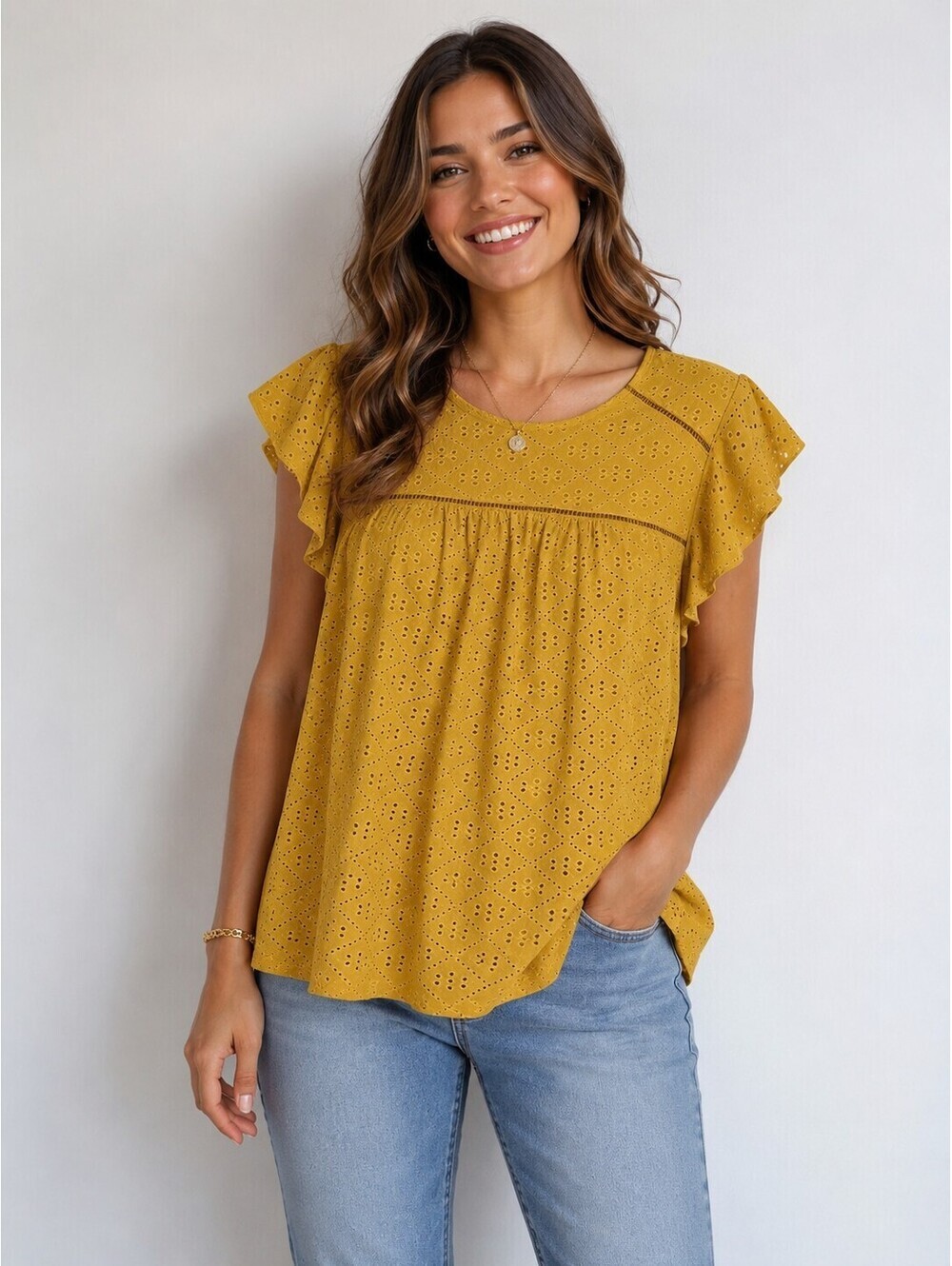 Adrianna Papell Mustard Eyelet Flutter Sleeve Blouse XL Lined Boho Top